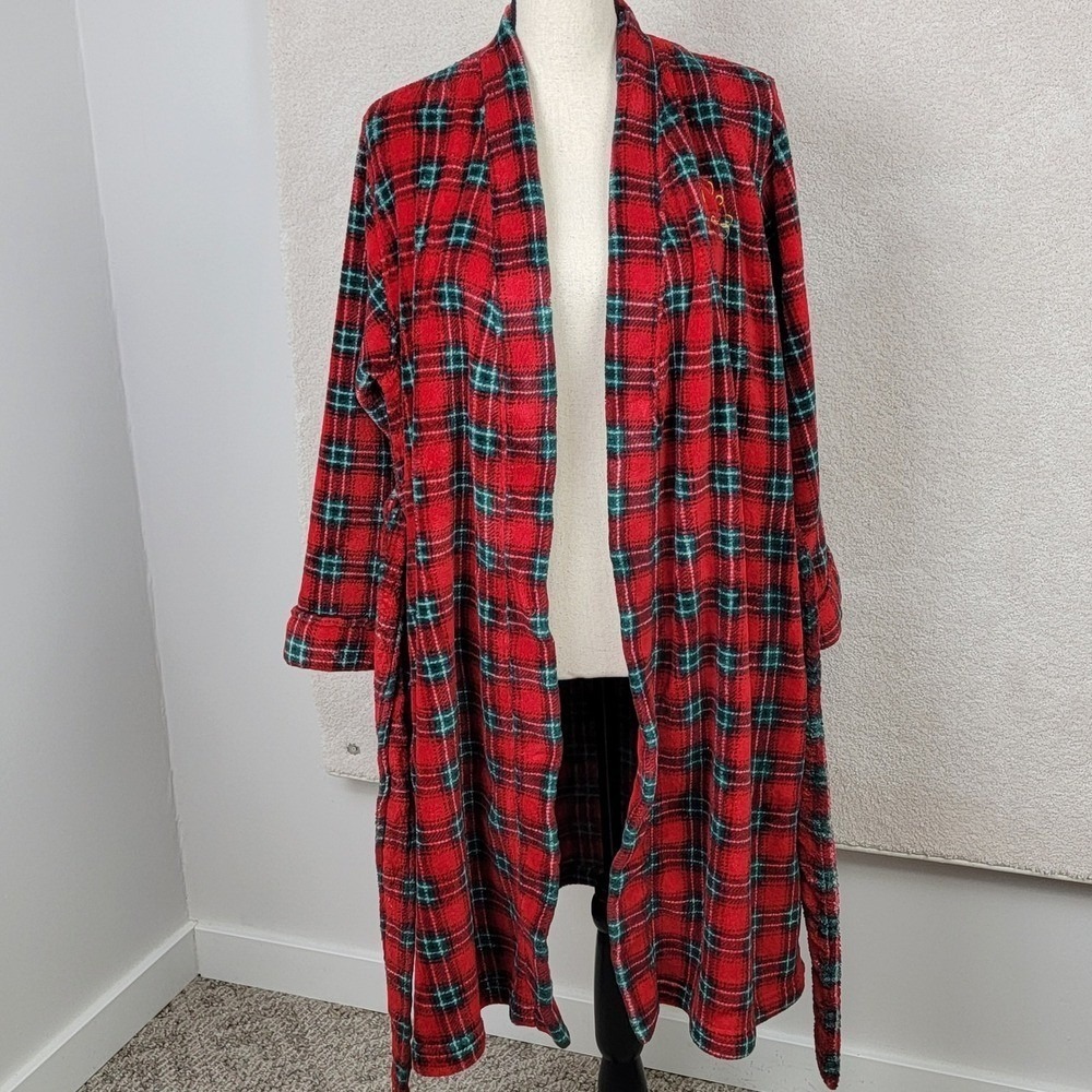 Lauren Ralph Lauren Plaid Robe‎ Women Large Red Excellent Fleece Monogram Belted - Picture 4 of 12